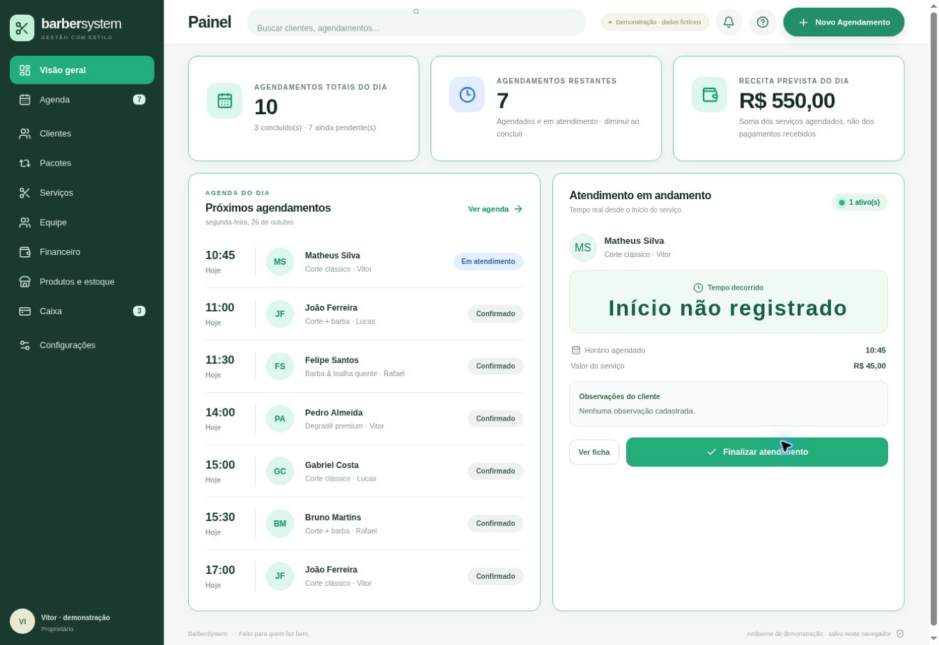 Painel real do Agendaê com indicadores, próximos agendamentos e atendimento em andamento